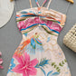 Floral Print Halter Lace up Vacation Dress Casual Flowy A Line Maxi Dress
