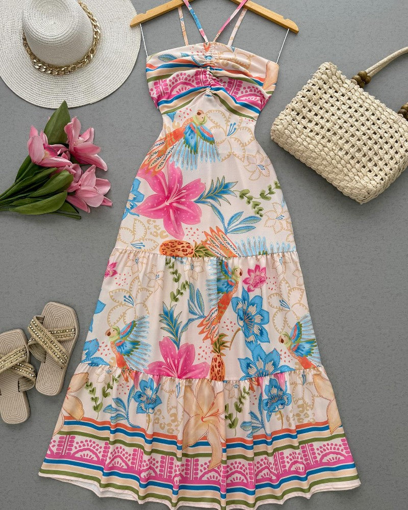 Floral Print Halter Lace up Vacation Dress Casual Flowy A Line Maxi Dress