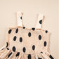 Oatmeal Polka Dot Smocked Fit Flared Sleeveless Long Dress