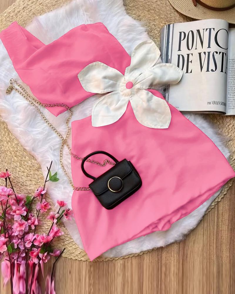 Colorblock 3D Flower Decor One Shoulder Sleeveless Dress Sexy Waist Hollow Out Slim Fit A Line Dress