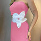 Colorblock 3D Flower Decor One Shoulder Sleeveless Dress Sexy Waist Hollow Out Slim Fit A Line Dress