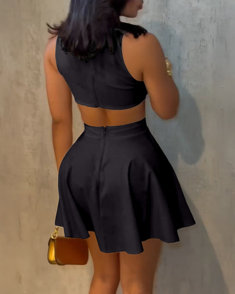 Metal Button Decor Turn down Collar Sleeveless Waist Cutout Party Dress Zipper Back Cinched Waist A Line Dress