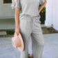 Gray Textured Loose Fit T Shirt and Drawstring Pants Set