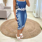 Floral Butterfly Denim Look Print Square Neck Bodycon Dress