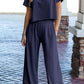 Navy Blue Raw Hem Loose Tee and Wide Leg Pants Set