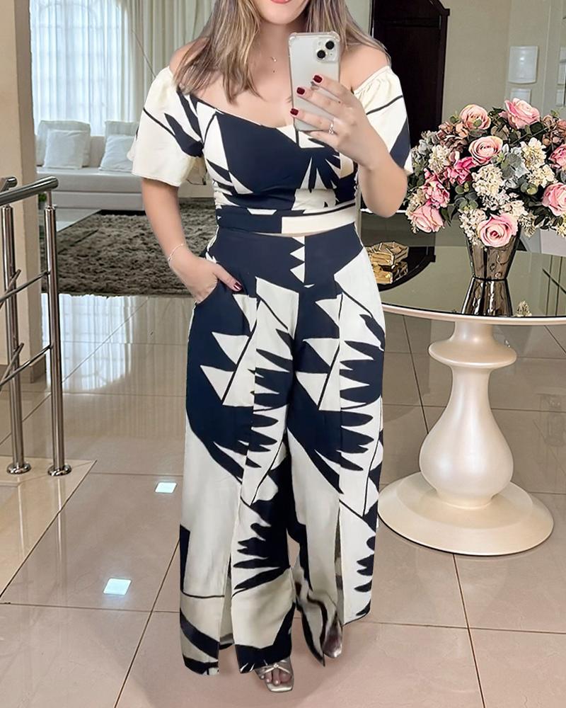 2 Pieces Outfit Floral Print Ruffles Shirred Top and Casual Wide Leg Slit Pants Set