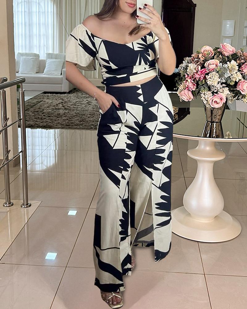 2 Pieces Outfit Floral Print Ruffles Shirred Top and Casual Wide Leg Slit Pants Set