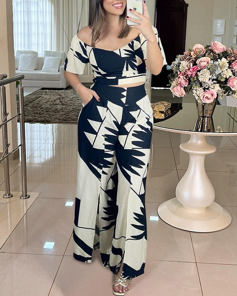 2 Pieces Outfit Floral Print Ruffles Shirred Top and Casual Wide Leg Slit Pants Set