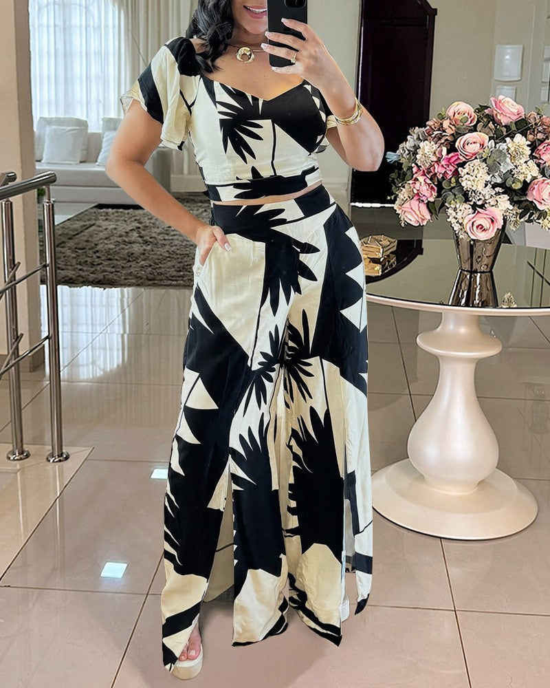 2 Pieces Outfit Floral Print Ruffles Shirred Top and Casual Wide Leg Slit Pants Set