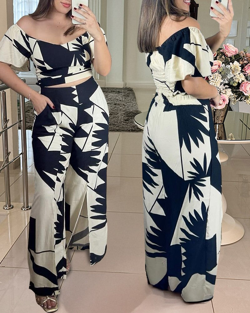 2 Pieces Outfit Floral Print Ruffles Shirred Top and Casual Wide Leg Slit Pants Set