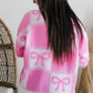 Pink Bow Knot Two Tone Checkered Crew Neck Sweater