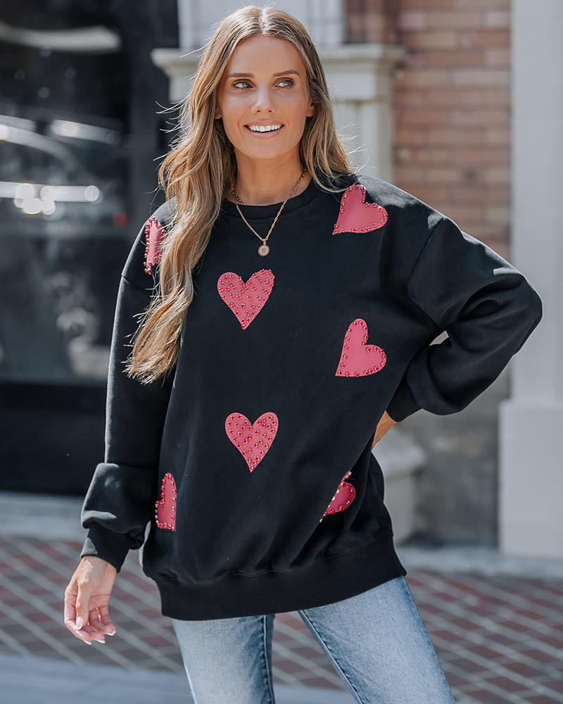 Heart Print Long Sleeve Rhinestone Decor Sweatshirt