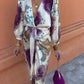 Floral Print Plunge V Neck Long Sleeve Satin Dress Casual Waist High Slit Midi Dress
