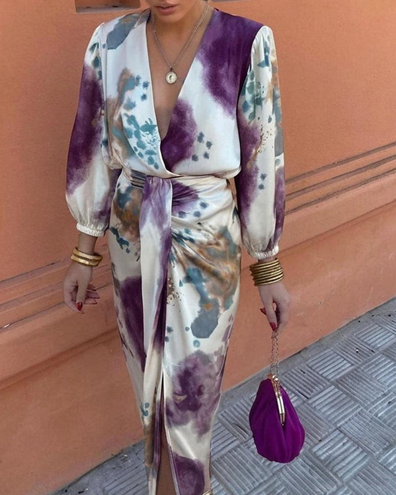 Floral Print Plunge V Neck Long Sleeve Satin Dress Casual Waist High Slit Midi Dress