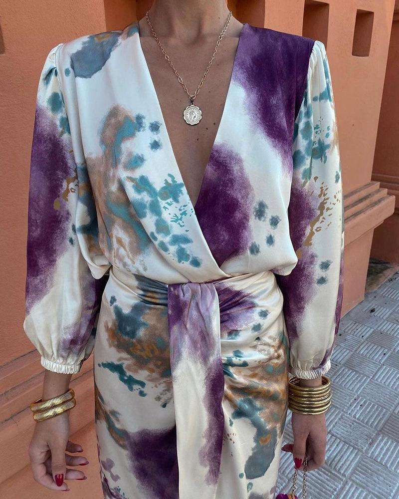 Floral Print Plunge V Neck Long Sleeve Satin Dress Casual Waist High Slit Midi Dress