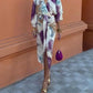 Floral Print Plunge V Neck Long Sleeve Satin Dress Casual Waist High Slit Midi Dress