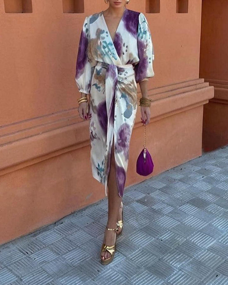 Floral Print Plunge V Neck Long Sleeve Satin Dress Casual Waist High Slit Midi Dress