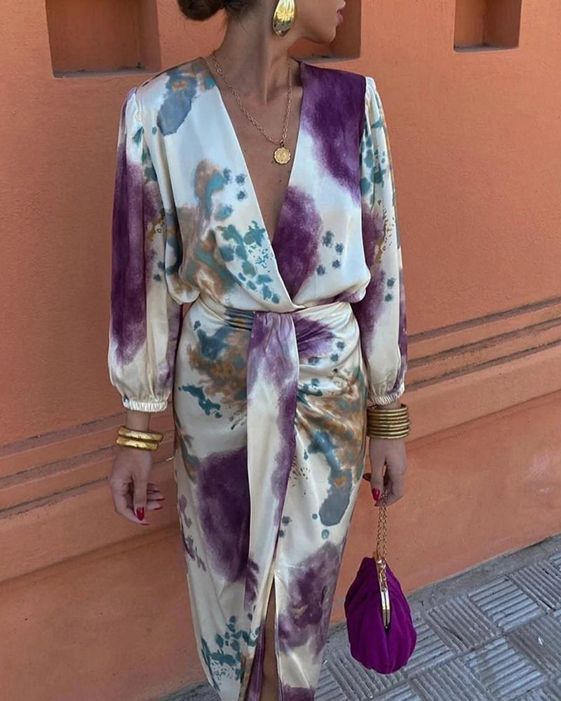 Floral Print Plunge V Neck Long Sleeve Satin Dress Casual Waist High Slit Midi Dress
