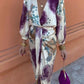 Floral Print Plunge V Neck Long Sleeve Satin Dress Casual Waist High Slit Midi Dress