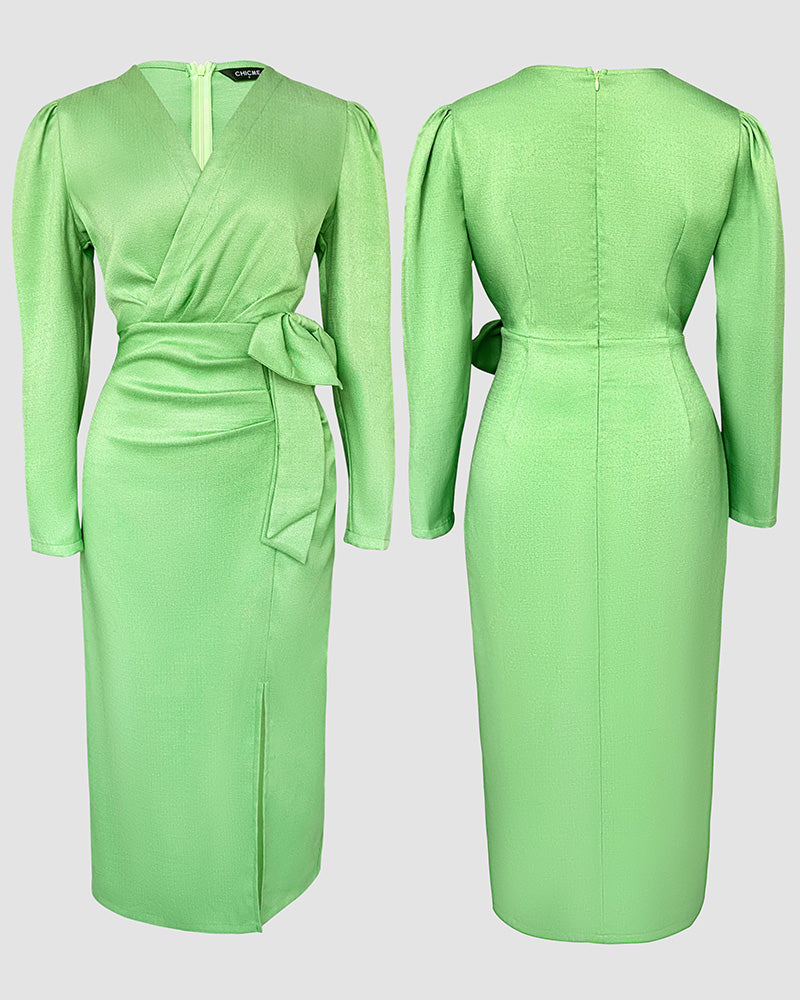 Overlap V Neck Bowknot Decor Ruched Slim Fit Work Dress Zipper Back Side Slit Mid Length Dress