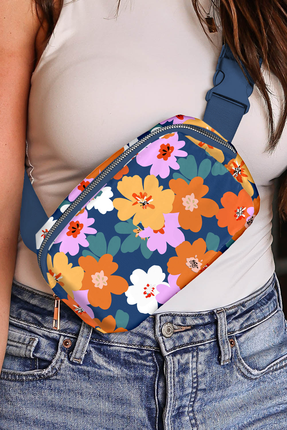 Sail Blue Flower Print Zipper Buckle Wide Strap Sling Bag