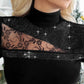 Rhinestone Contrast Lace High Neck Slim Fit Cutout Long Sleeve Tee Elegant Top