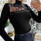 Rhinestone Contrast Lace High Neck Slim Fit Cutout Long Sleeve Tee Elegant Top