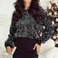 Black Sequined Long Sleeve Crew Neck Cropped Blouse