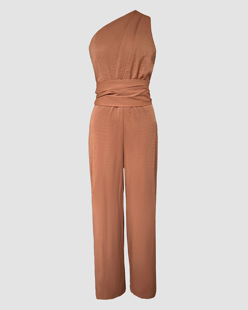 Asymmetrical Neck Sleeveless Ruched Overalls Tied Detail Elastic Waist Jumpsuit