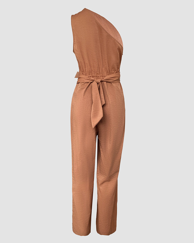 Asymmetrical Neck Sleeveless Ruched Overalls Tied Detail Elastic Waist Jumpsuit