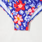 Blue Floral Print Ruffled V Neck High Waist One Piece Swimwear