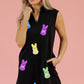 Black Sequin Bunny Doll Graphic Collared Sleeveless Mini Dress