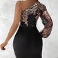 Glitter One Shoulder Long Sleeve Bodycon Dress Sheer Mesh Patchwork Ruched Mini Dress
