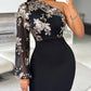 Glitter One Shoulder Long Sleeve Bodycon Dress Sheer Mesh Patchwork Ruched Mini Dress