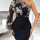 Glitter One Shoulder Long Sleeve Bodycon Dress Sheer Mesh Patchwork Ruched Mini Dress