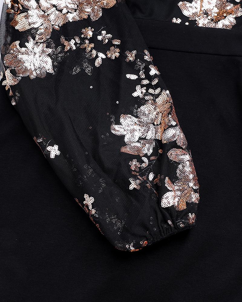 Glitter One Shoulder Long Sleeve Bodycon Dress Sheer Mesh Patchwork Ruched Mini Dress