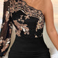 Glitter One Shoulder Long Sleeve Bodycon Dress Sheer Mesh Patchwork Ruched Mini Dress