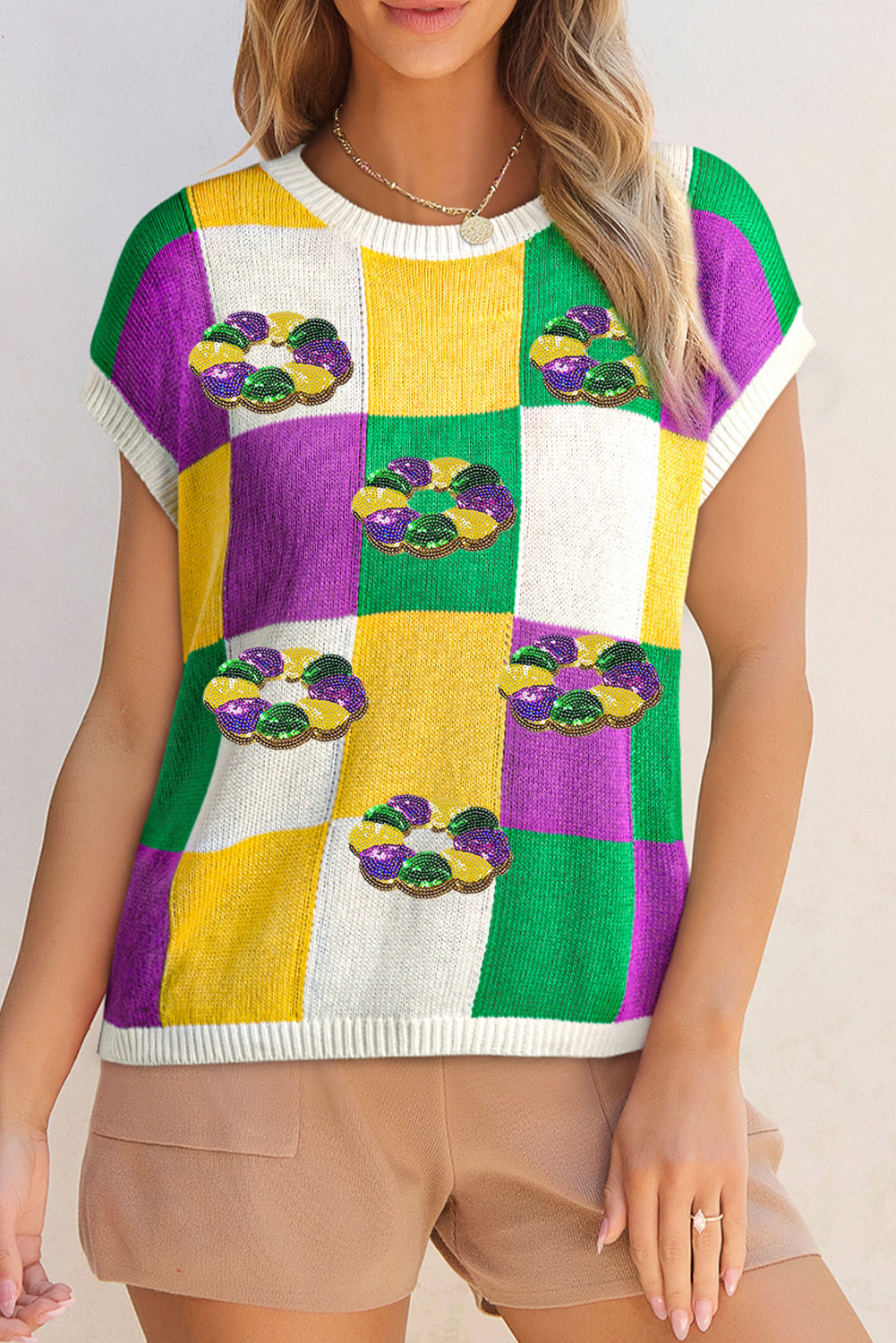 Tillandsia Purple Sequin Doughnut Graphic Colorblock Checkered Short Sleeve Sweater