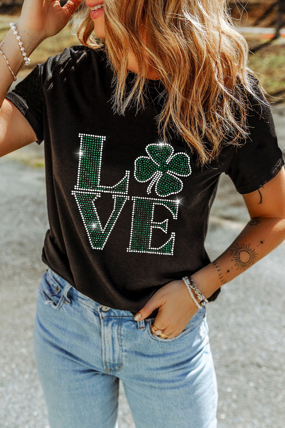 Black Clover LOVE Rhinestone Graphic St Patricks Day T Shirt