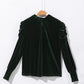 Blackish Green Mock Neck Puff Sleeve Velvet Blouse
