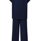 Navy Blue Solid Color Textured Short Sleeve Top and Casual Pants Set