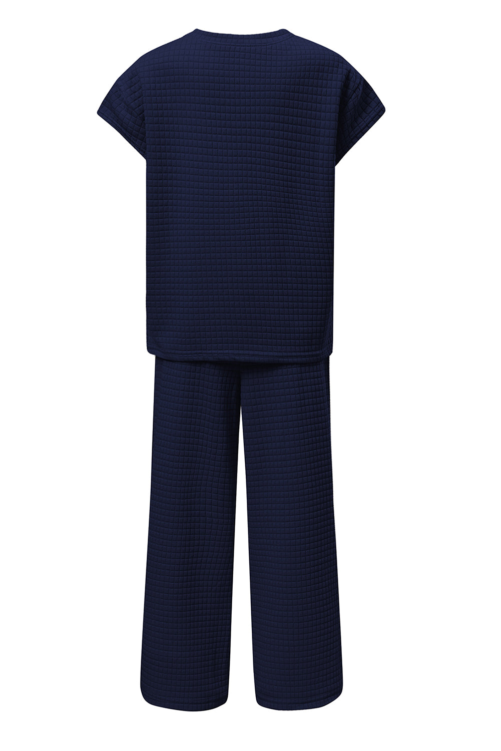 Navy Blue Solid Color Textured Short Sleeve Top and Casual Pants Set