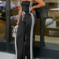 Stripe Print Bandeau Sleeveless Drawstring Slit Wide Leg Jumpsuit Casual Overalls
