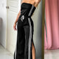 Stripe Print Bandeau Sleeveless Drawstring Slit Wide Leg Jumpsuit Casual Overalls