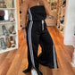 Stripe Print Bandeau Sleeveless Drawstring Slit Wide Leg Jumpsuit Casual Overalls