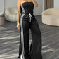 Stripe Print Bandeau Sleeveless Drawstring Slit Wide Leg Jumpsuit Casual Overalls