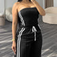 Stripe Print Bandeau Sleeveless Drawstring Slit Wide Leg Jumpsuit Casual Overalls