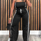 Stripe Print Bandeau Sleeveless Drawstring Slit Wide Leg Jumpsuit Casual Overalls