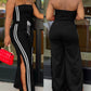Stripe Print Bandeau Sleeveless Drawstring Slit Wide Leg Jumpsuit Casual Overalls
