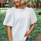 White Solid Textured O Neck Puff Sleeve Blouse